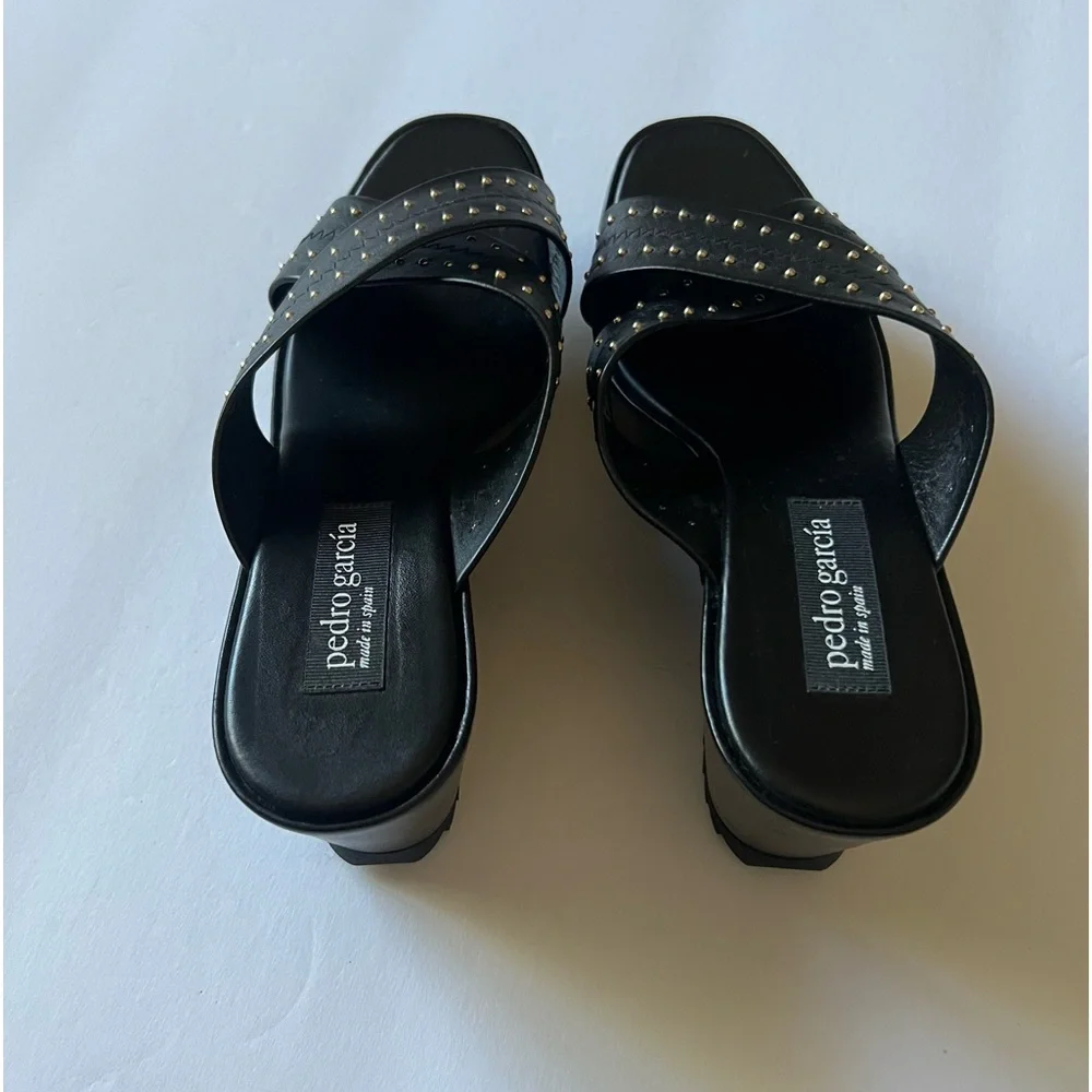 PEDRO GARCIA LEATHER CROSS STRAP PLATFORM WEDGE SANDALS BLACK SIZE 9.5 NWOT